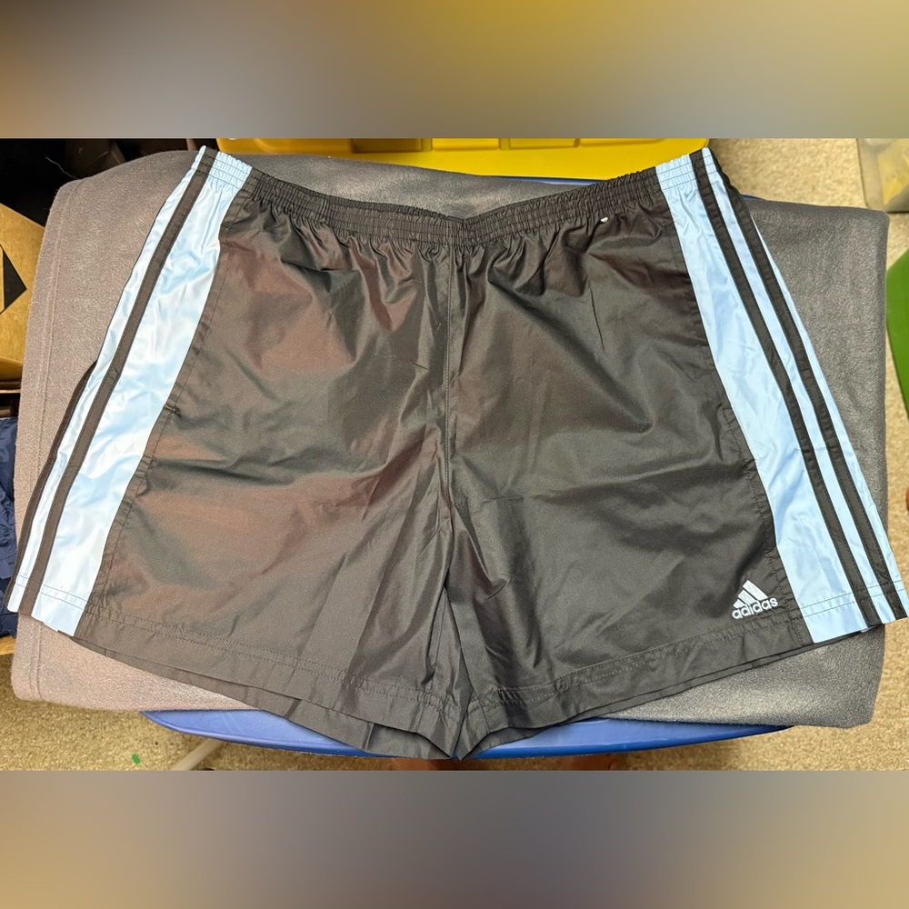 Adidas Black and Blue Athletic Shorts with Three-Stripe Design